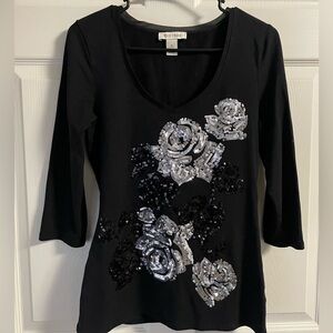 White House Black Market Black Long Sleeve with Silver Sequin Floral Design